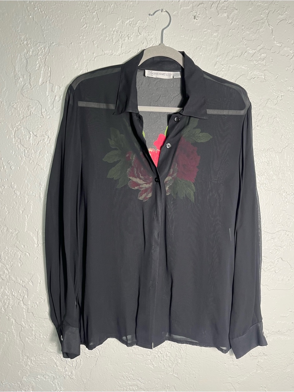 Elyse Hart Ltd Sheer Black Floral Button Front Blouse Size M